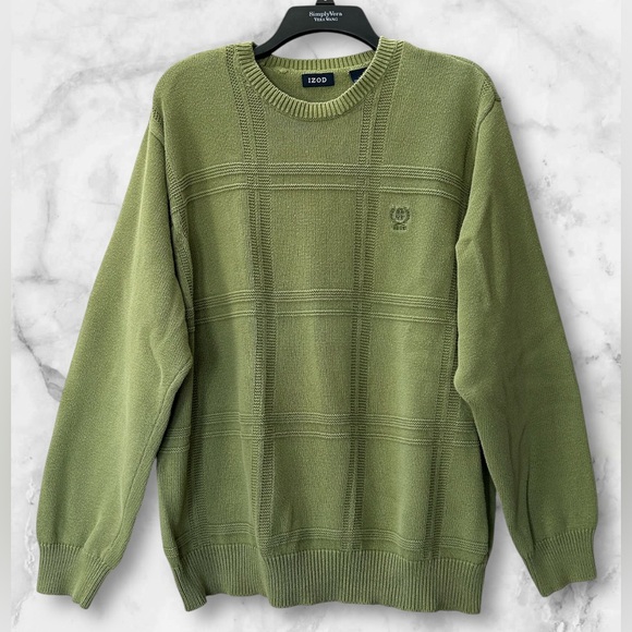 IZOD Olive Green Textured Crewneck Windowpane Sweater Classic Fit Size XL - Picture 2 of 10